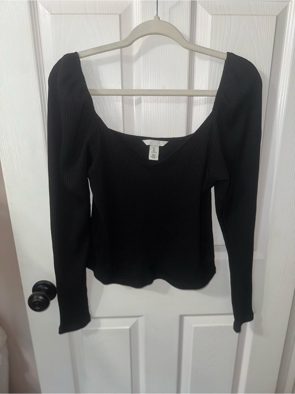 H&M Black Ribbed Long-Sleeve Puff Shoulder Top